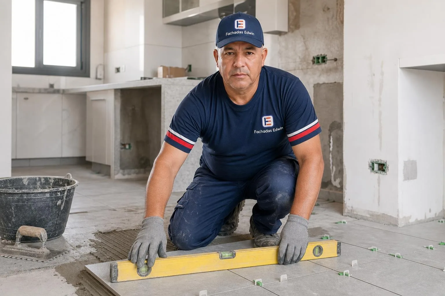 Edwin colocando azulejos en la pared de un baño en reforma