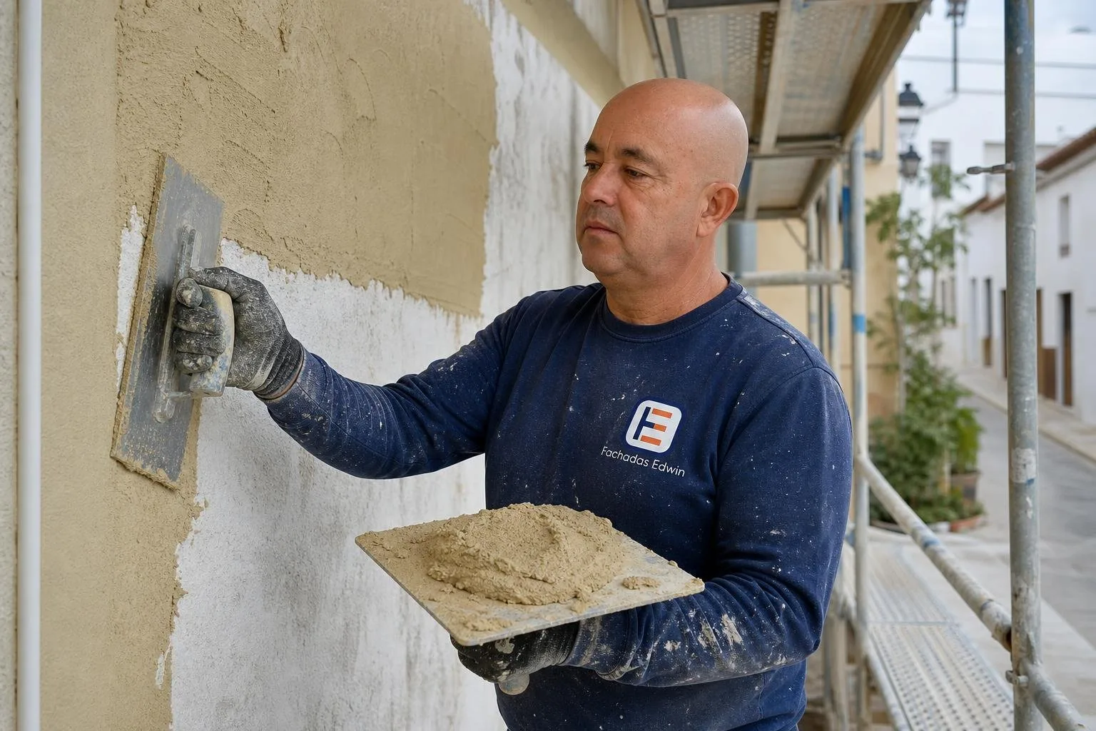 Edwin revisando la textura raspada de una fachada