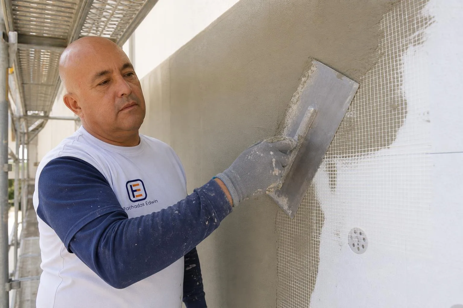 Edwin aplicando mortero y malla sobre el aislamiento de una fachada