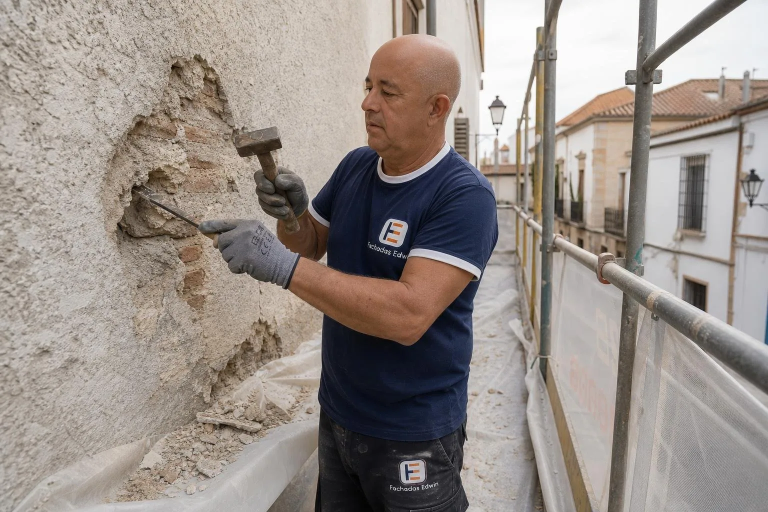 Edwin retirando revestimiento suelto de una fachada deteriorada
