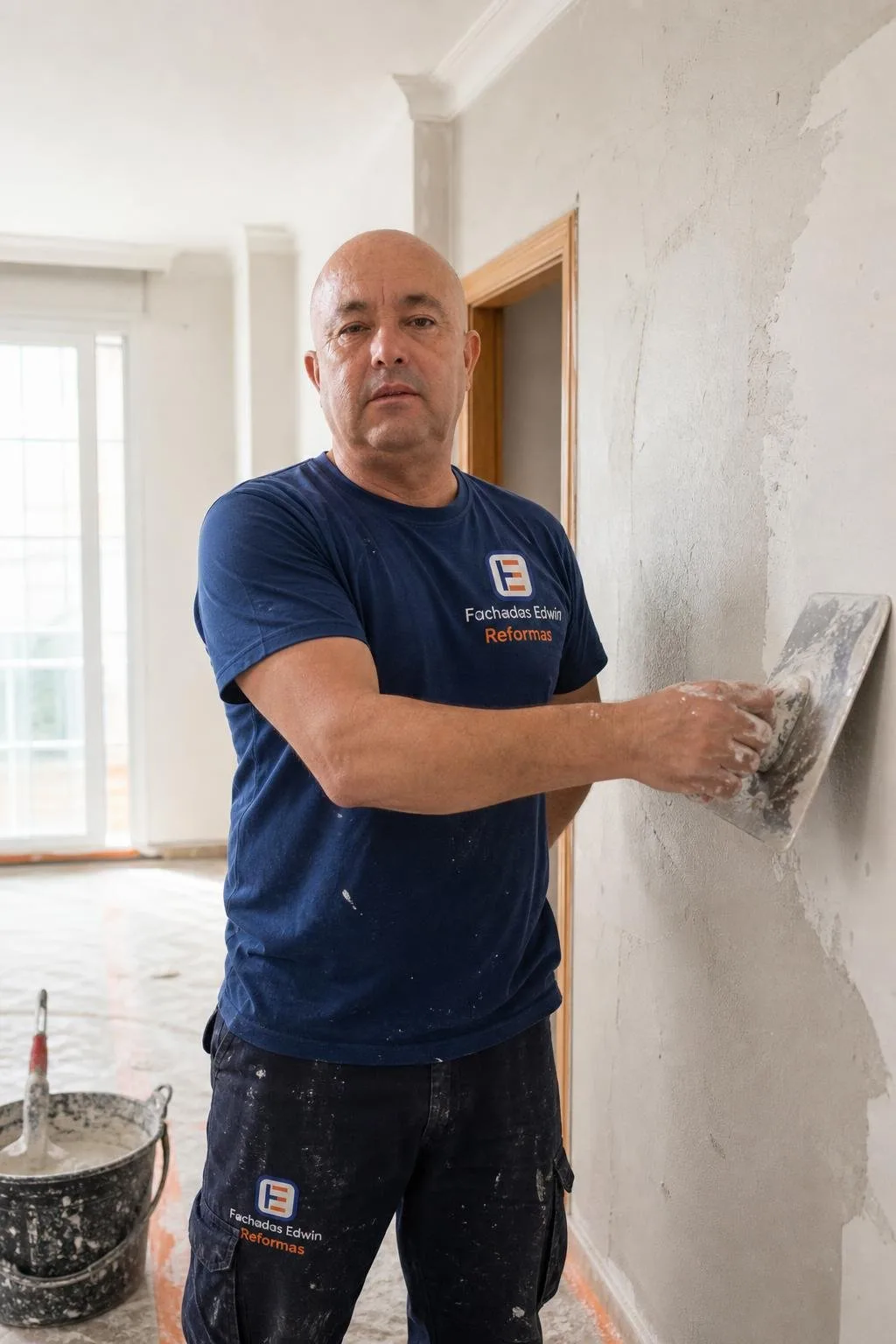 Edwin enlucido una pared interior en una vivienda en reforma