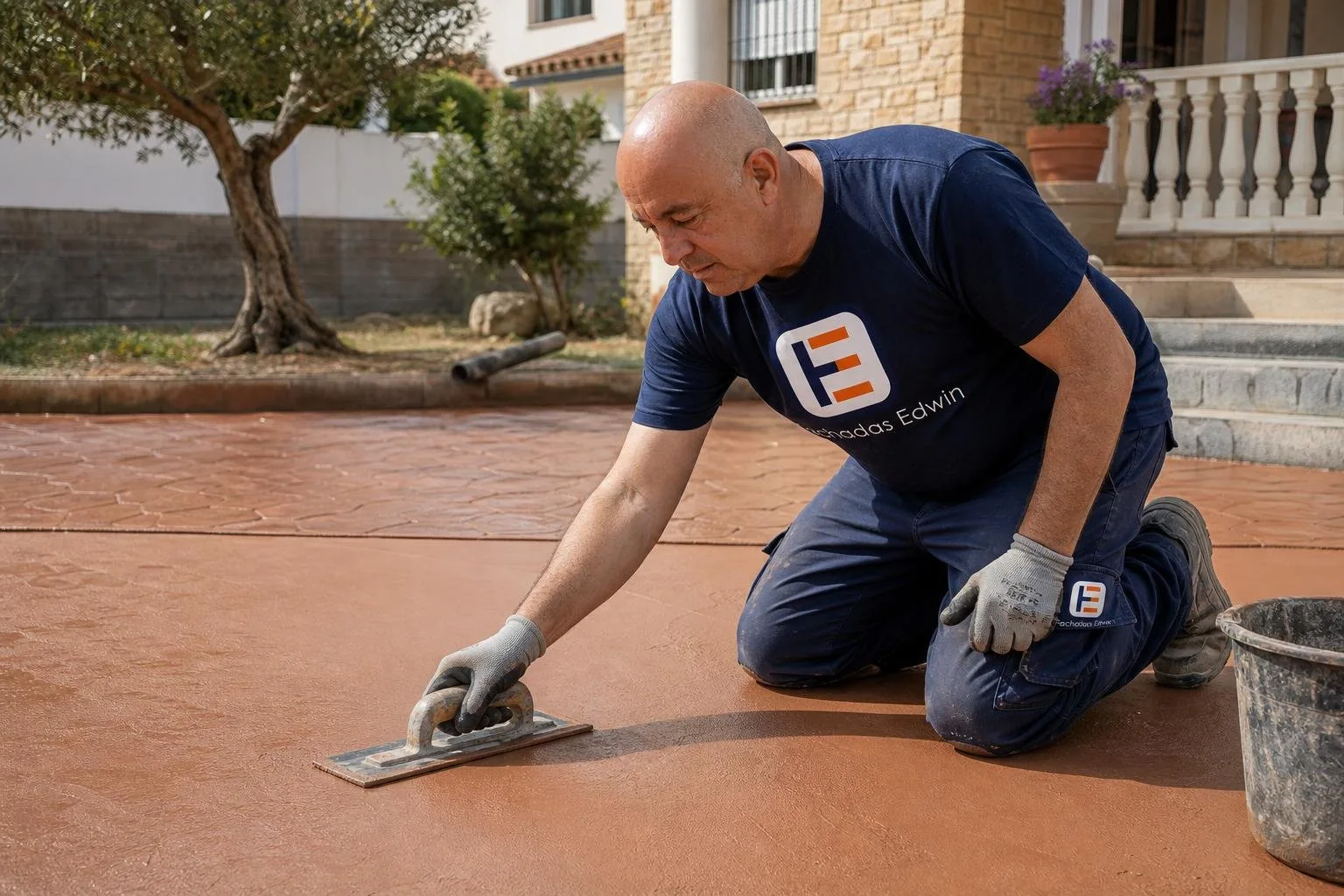 Edwin alisando hormigón fresco en una terraza