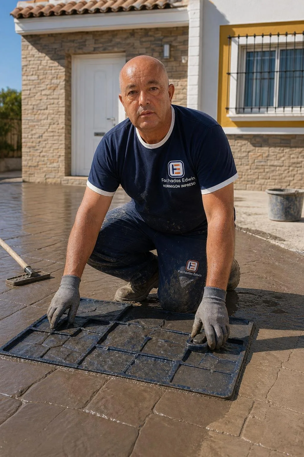 Edwin estampando hormigón fresco en el acceso de una vivienda