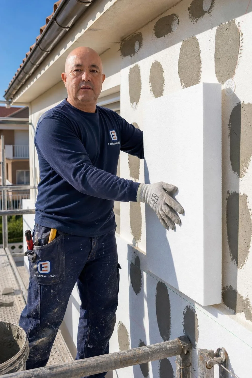 Edwin fijando placas aislantes en la fachada de una vivienda