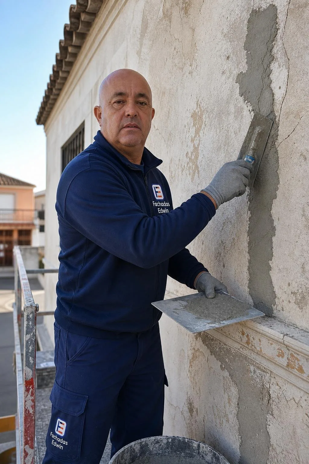 Edwin reparando grietas en una fachada antigua