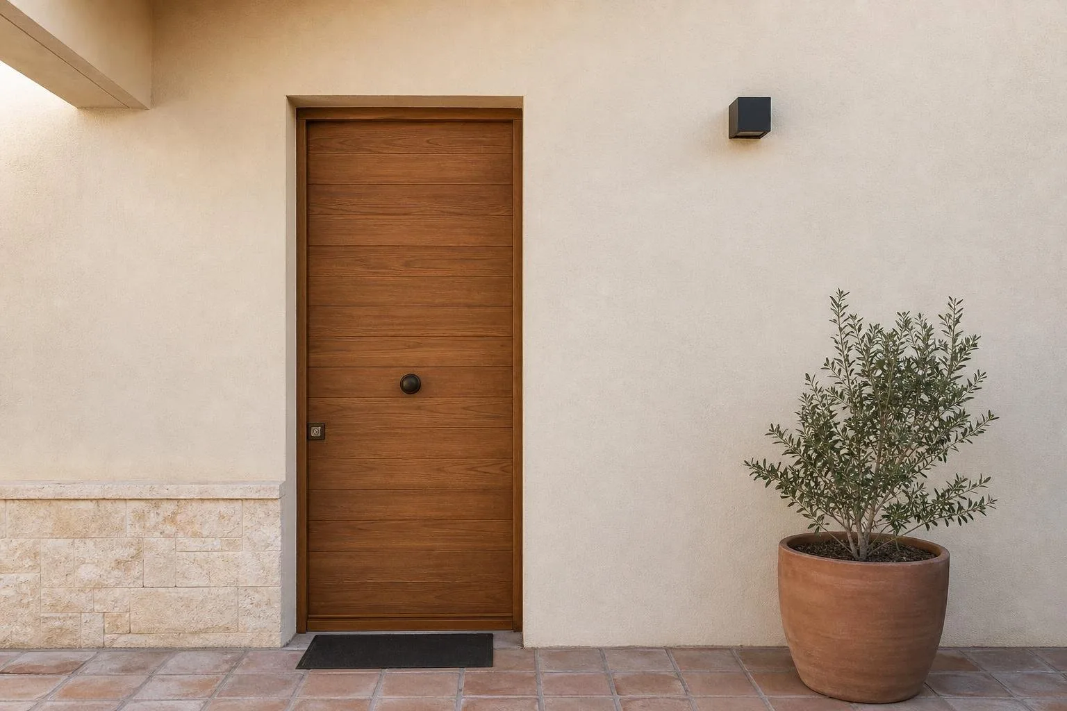 Esquina de pared con monocapa raspado junto a una pérgola