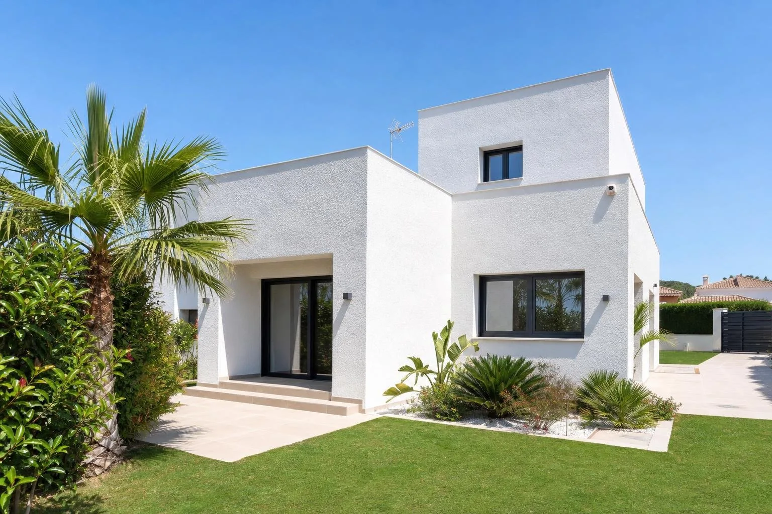 Chalet con fachada de monocapa raspado en blanco
